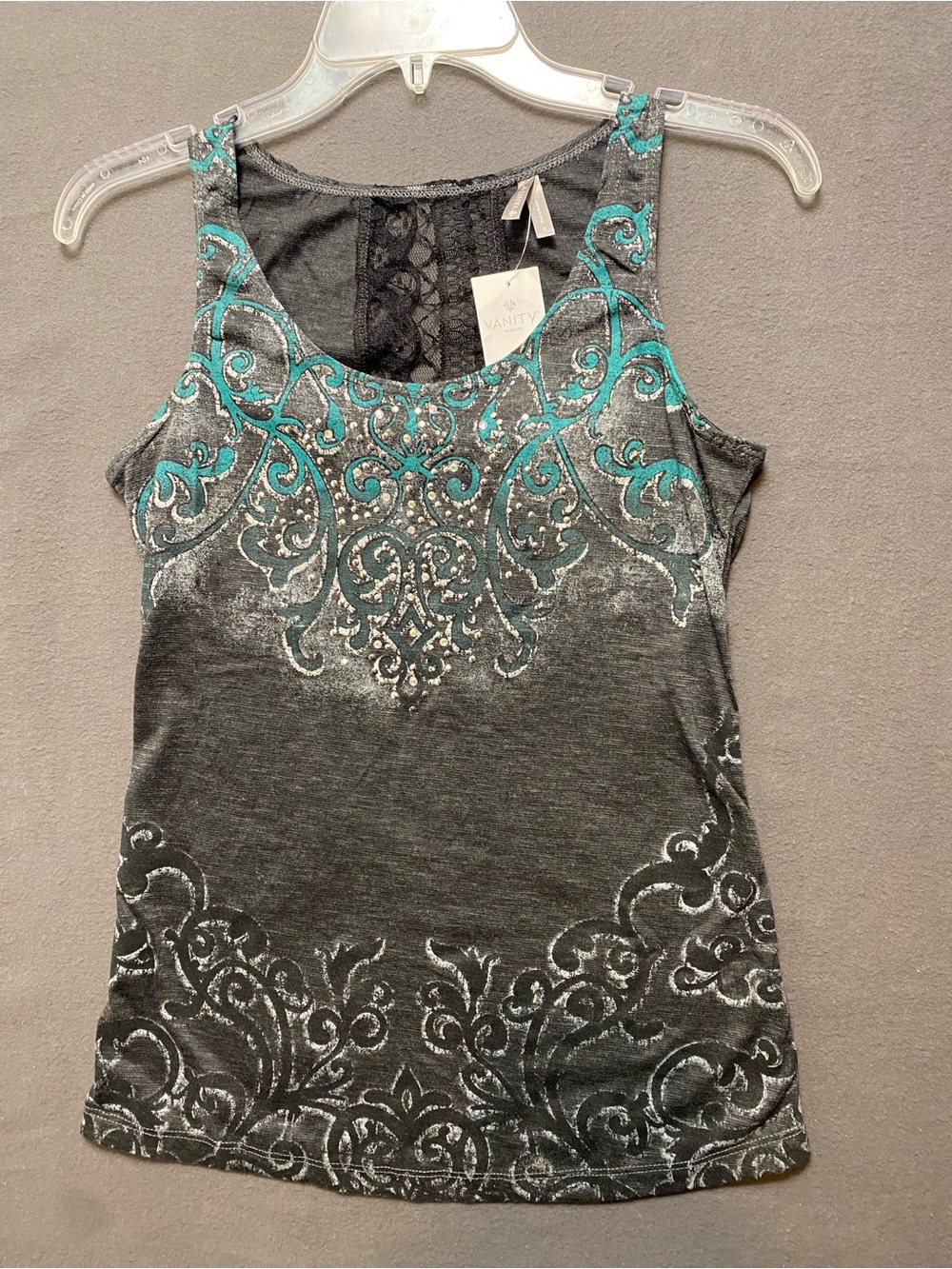 Vanity Scoop Neck Embellished Gray & Teal Tank Top Size S NWT